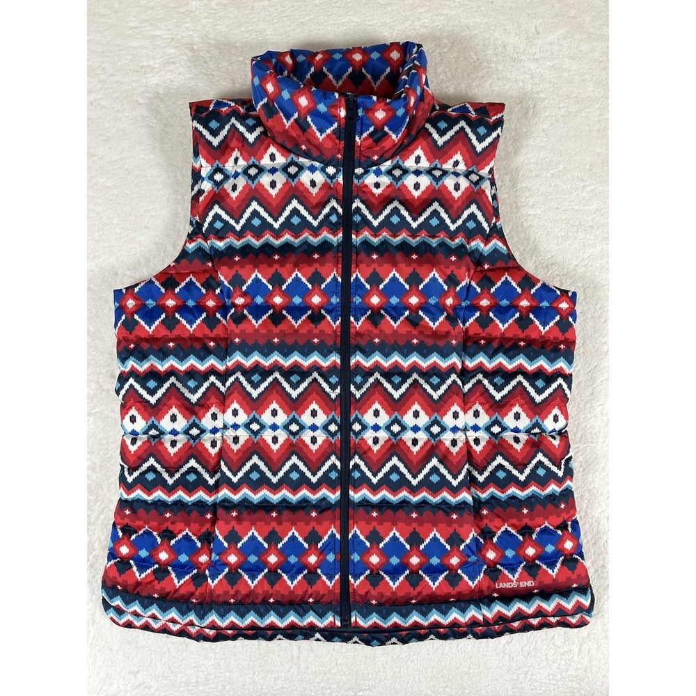 Lands End Red Blue Aztec Diamond Print Full Zip 600‎ Down Puffer Vest Women's L